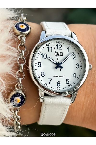 Q&Q Waterproof White Leather Women's Bracelet - Evil Eye Beaded Bracelet Gift