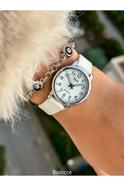 Q&Q Waterproof White Leather Women's Bracelet - Evil Eye Beaded Bracelet Gift