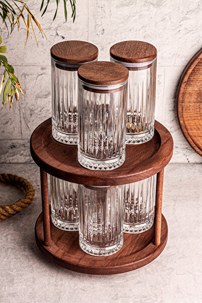 Snippy Tomira - 7 Parça Ahşap Döner Standlı Vakumlu Kapaklı Cam Saklama Kabı Baharatlık Seti 450 ml