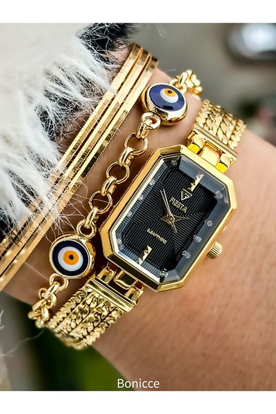 Fiesta Gold Yellow Steel Strap Bridal Engagement Wedding Heart Case Wristwatch