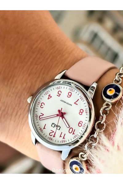 Q&Q Pink Leather Cord, Waterproof Numeral Women's Wristwatch with Evil Eye Beaded Bracelet Gift