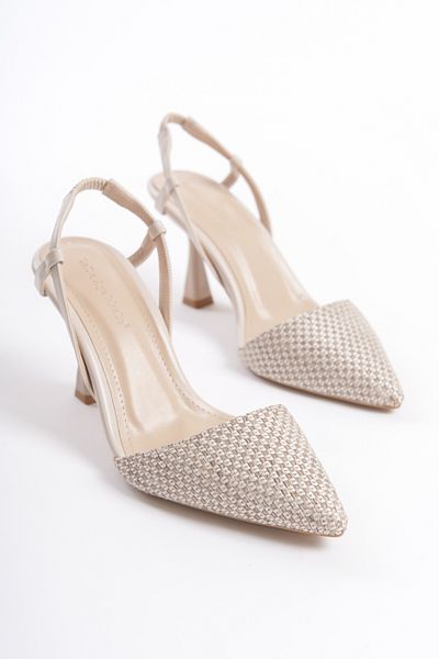 ZİESCE Women's Beige Straw Open Back Heeled STILETTO SHOES