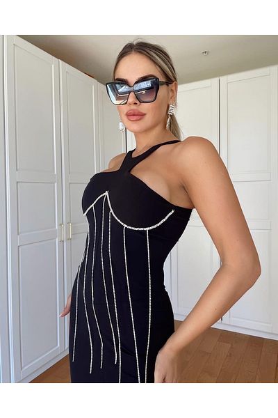 1Moda1Tarz Γυναικείο φόρεμα με μαύρη κρεπ υφασμάτινη αλυσίδα με λεπτομερή μίντι σχεδίαση
