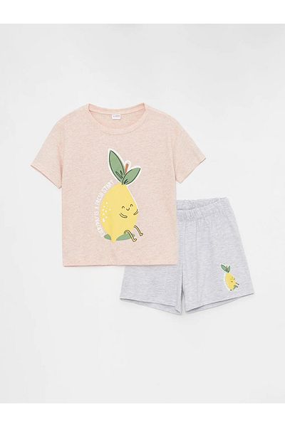 LC Waikiki LCW Kids Crew Neck Printed Short Sleeve Girls' Pajamas Set with Shorts