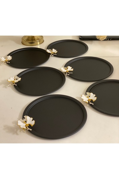 Mineli-Aşk مجموعة من 6 صواني عرض باللونين الأبيض والأسود مع ملحقات الفراشة