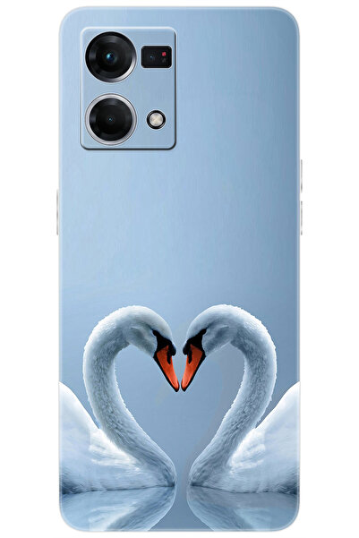 OPPO Reno 7 (CPH2363) Uyumlu Kılıf Desen Baskılı Silikon Kuğ ve Kalp STK:305 ...