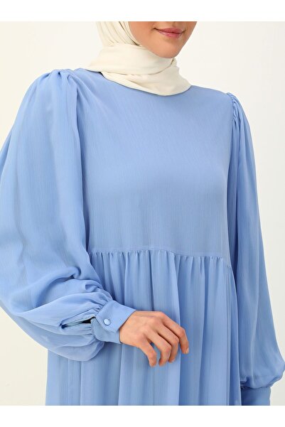 Benin Balloon Sleeve Lined Chiffon Hijab Dress - Blue - Benin