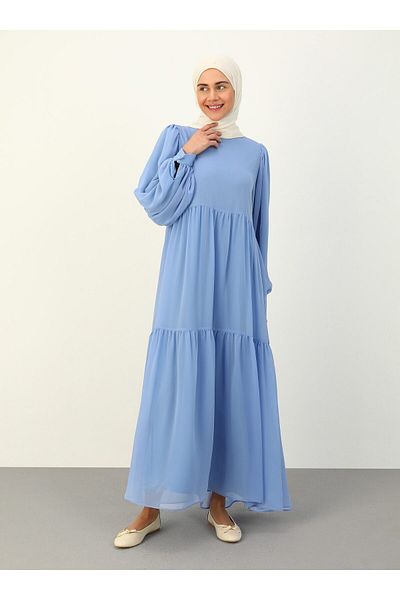 Benin Balloon Sleeve Lined Chiffon Hijab Dress - Blue - Benin