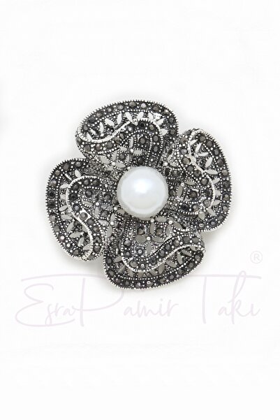 Esra Pamir Incili Markazit Taşlı Çiçek Broş