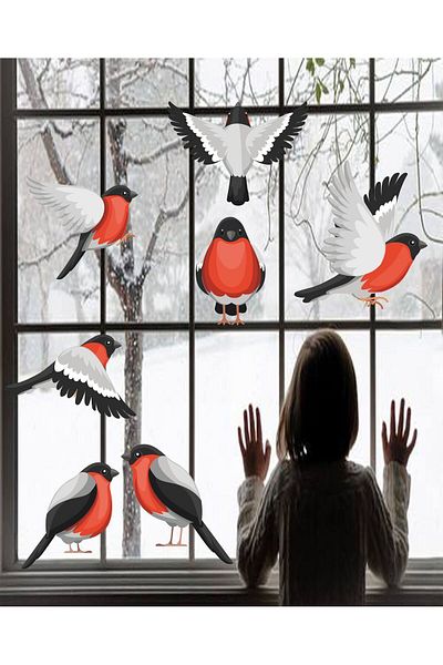 MAARS Christmas Winter Birds 7 Pieces Glass Wall Sticker