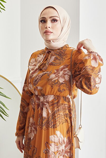InStyle Serena Flower Pattern Pleated Chiffon Hijab Dress - Mustard