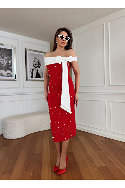 1Moda1Tarz Rochie de damă crepon roșu guler Carmen cu detaliu de perle acceso...