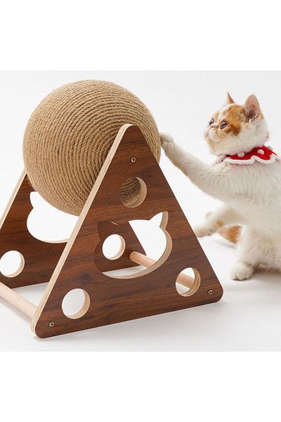 TİNEKE Large Wooden String Cat Toy - Ball and Scratching