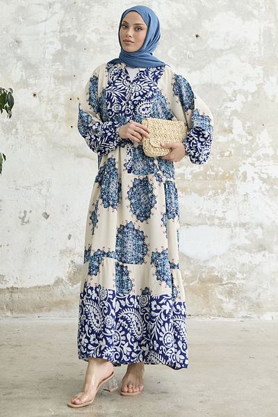 InStyle Φόρεμα με ψηλό γιακά με σχέδιο - Μπλε