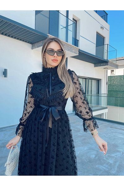 1Moda1Tarz Γυναικείο φόρεμα με μαύρο κρεπ και σιφόν ύφασμα με γιακά με ζώνη μέση