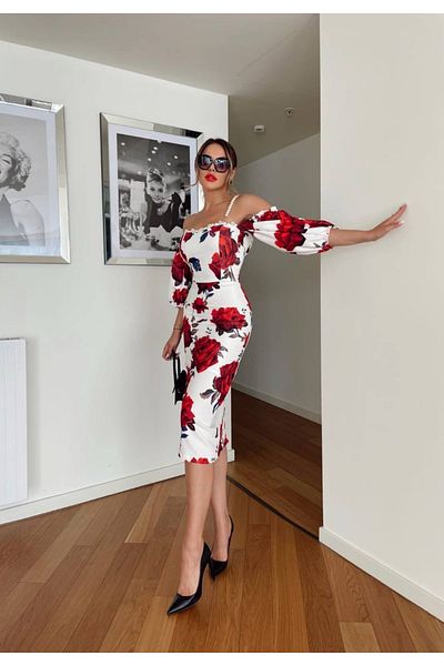 1Moda1Tarz Γυναικείο λευκό φλοράλ εμπριμέ κρεπ ύφασμα Madonna κολιέ με λουράκι στη μέση φόρεμα