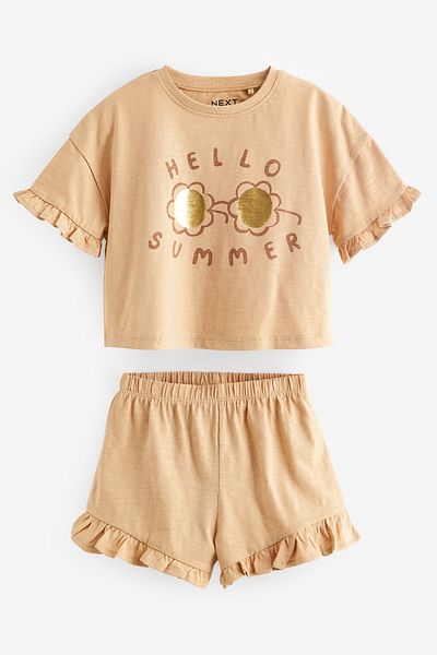 Next Baby Cotton Cream Coffee Short Sleeve Shorts 2-Piece Bottom Top Set
