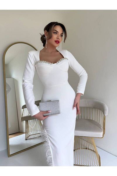 1Moda1Tarz Γυναικείο φόρεμα από λευκό κρεπ ύφασμα τετράγωνο γιακά στήθος πέτρα με λεπτομέρεια με σχισμή φτερού