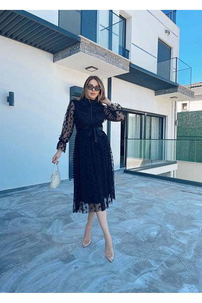 1Moda1Tarz Γυναικείο φόρεμα με μαύρο κρεπ και σιφόν ύφασμα με γιακά με ζώνη μέση
