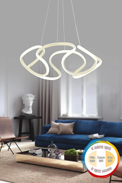 Dekorluna Honix Beyaz Modern Sarkıt 3 Renk Işık Salon Mutfak Oda Hol Ledli Avize