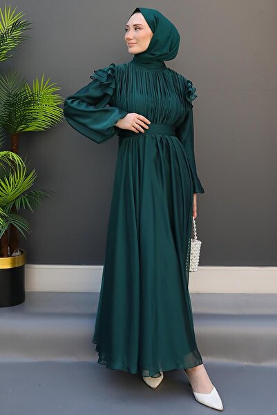 giz astore فستان جانجان مكشكش على الكتف زمردي