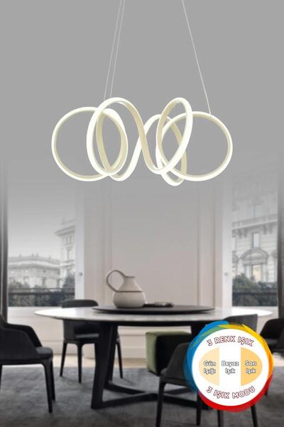 Dekorluna Dolares Beyaz Modern Sarkıt 3 Renk Işık Salon Mutfak Oda Hol Ledli Avize