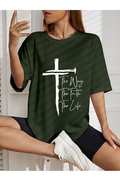 aynewmoda Tricou oversize cu imprimeu The Way The Truth The Life