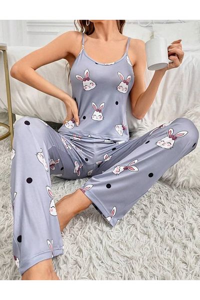 Cesur PurpleRabbits Strappy Long Women's Pajamas Set