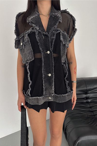 FEMELLE Women's Anthracite Double Pocket Tasseled Mesh Detailed Jean Denim Vest