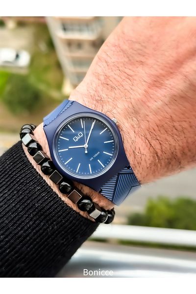 Q&Q Navy Blue Colored Silicone Cord 10 Bar Men's Wristwatch and Bracelet Gift