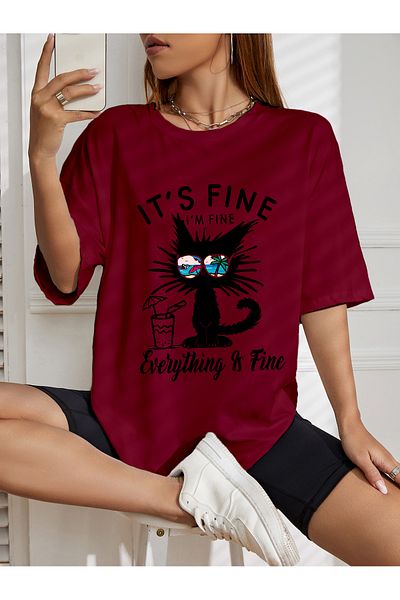 aynewmoda Tricou oversize cu imprimeu IT'S Fine (pisica).