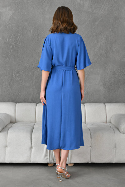 bayansepeti Πλαϊνό σκίσιμο ελαστικό μέσης ζωσμένο μανίκι νυχτερίδα Midi μήκος 130 cm Διπλό γιακά φόρεμα Indigo 097