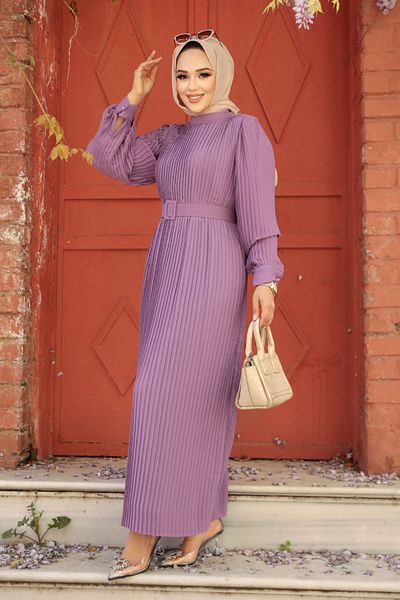 Neva Style - Pleated Lilac Hijab Dress with 3369