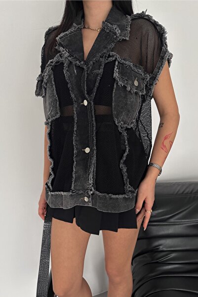 FEMELLE Women's Anthracite Double Pocket Tasseled Mesh Detailed Jean Denim Vest