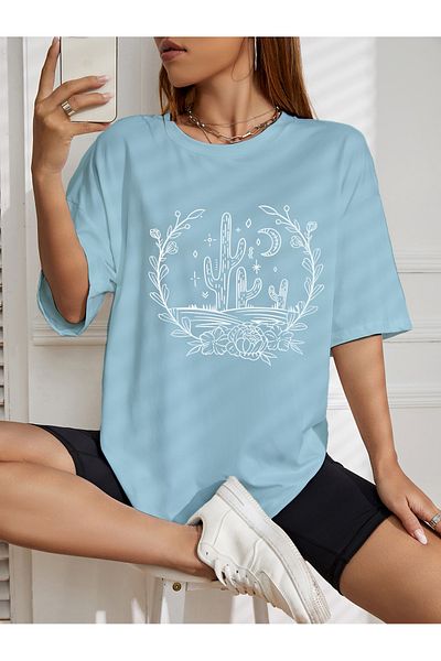 aynewmoda тениска с овърсайз принт с кактус и полумесец