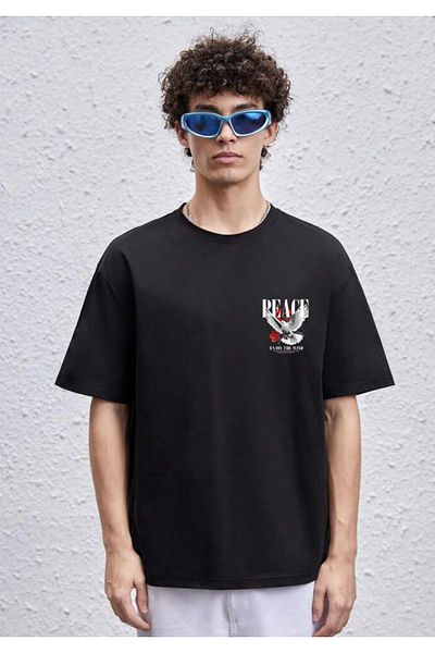 DEEPSENCE Unisex Oversize Peace Dove Back Printed Βαμβακερό T-shirt Μαύρο