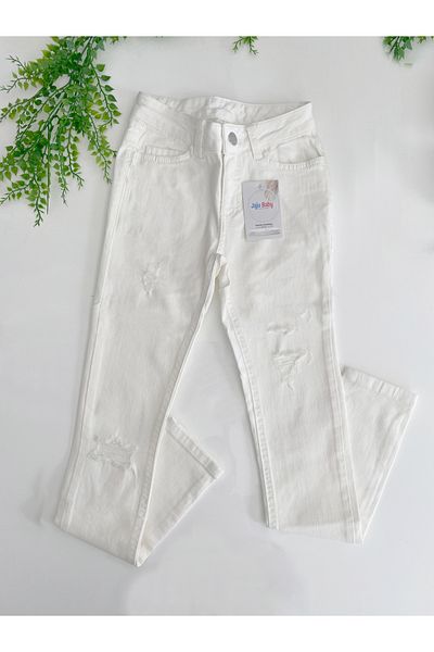 Jaju Baby Girl's White Color Ripped Detailed Jeans