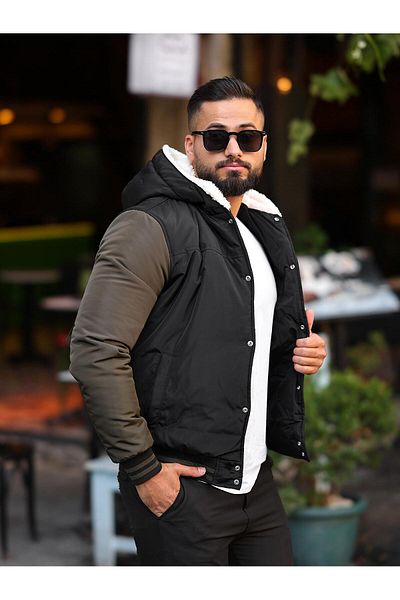 BearGlam Men's Buttoned Fur Hooded Coat