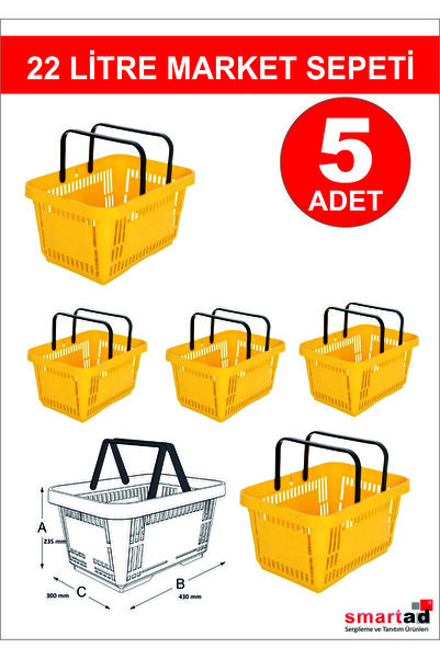 Modern Raf 22 Litre 5 Adet Market Sepeti, Alışveriş Sepeti, Saplı Market Sepeti sarı
