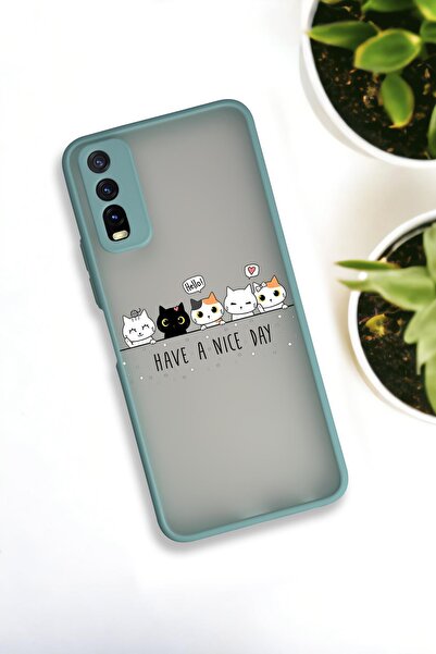 mooodcase Vivo Y20 Uyumlu Şirin Kedicikler Desenli Buzlu Şeffaf Lüx Telefon Kılıfı