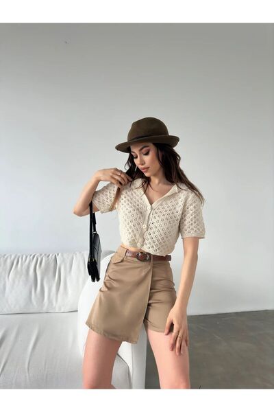 Genel Markalar Beli Kemerli Önü Kapak Detaylı Gabardin Şort Etek