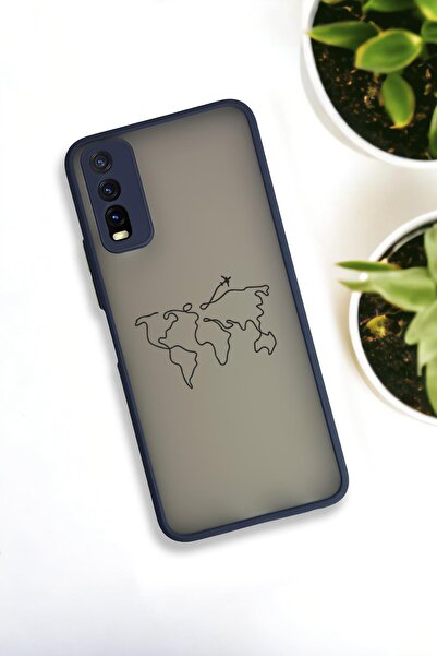 mooodcase Vivo Y20 Uyumlu Dünya Harita Rota Desenli Buzlu Şeffaf Lüx Telefon Kılıfı
