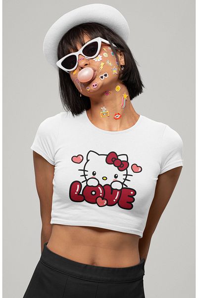 Fuddy Moda Love Hello Kitty εμπριμέ Crop Top, Γυναικεία Love Printed Crop Μπλούζα