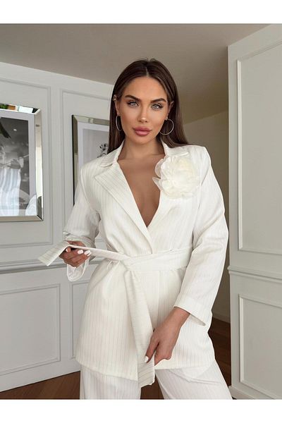 1Moda1Tarz Women's White Atlas Fabric Lined Striped Belted Rose Detailed Design Bottom-Top Set