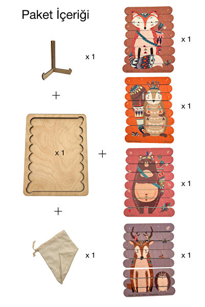 zoziva Montessori Eğitici Ahşap Puzzle Ekonomik Oyuncak Seti 4 Farklı Puzzle Tilki,Tavşan,Ayı,Geyik 35parça