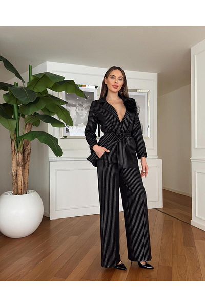 1Moda1Tarz Women's Black Atlas Fabric Lined Striped Belted Rose Detailed Design Bottom-Top Set