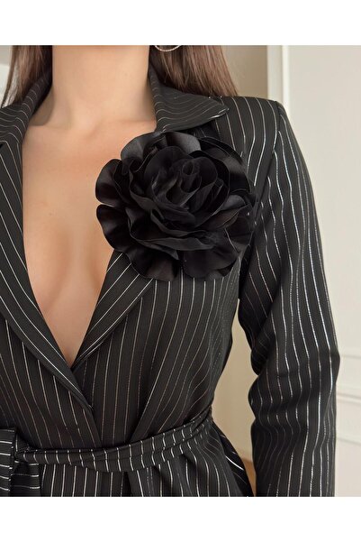 1Moda1Tarz Women's Black Atlas Fabric Lined Striped Belted Rose Detailed Design Bottom-Top Set