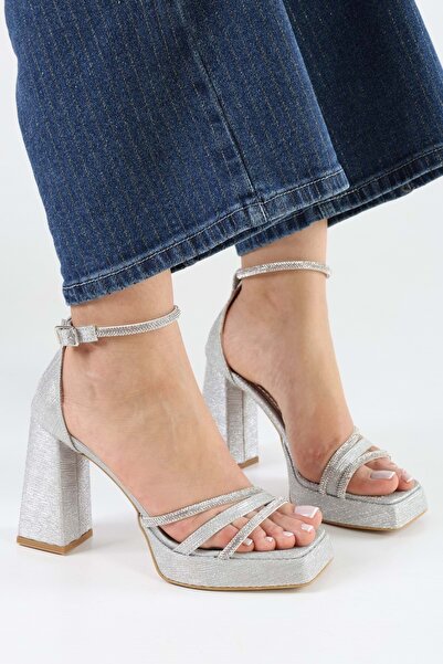 Shoeberry Kadın Dian Gümüş Simli Platform Topuklu Ayakkabı