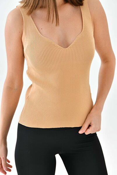 Perryes Women's Strap V-Neck Knitwear Bustier Beige