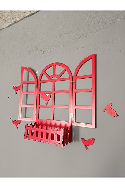 NED MDF LAZER DEKARASYON KIRMIZI KUŞLU PENCERE PANJUR TEMALI ÇİÇEKLİK AHŞAP M...